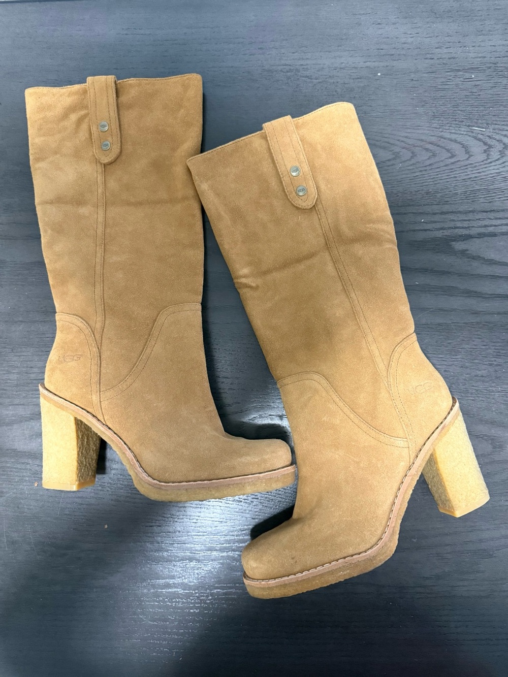 UGG Beige Suede Tall Block Heel Boots Women’s Size 7